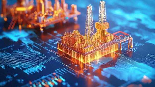 Innovative oil and gas platform model on digital circuit board background, representing energy industry's future and technology.
