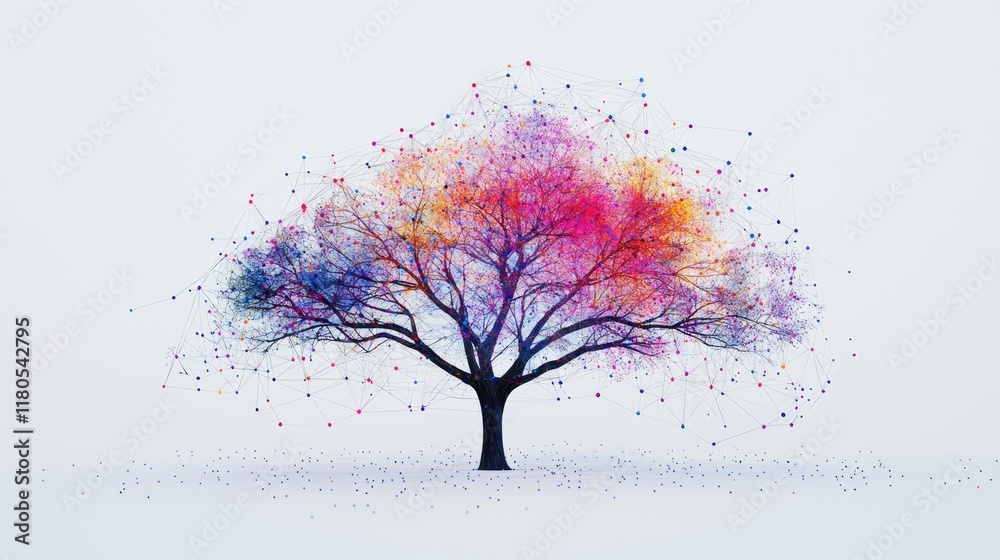 Poster colorful abstract tree design with network connections representing nature and technology interplay