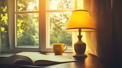 Modern workspace with yellow accents, minimalist desk setup with a yellow lamp, notebook, and a coffee mug, warm natural light streaming through a window 