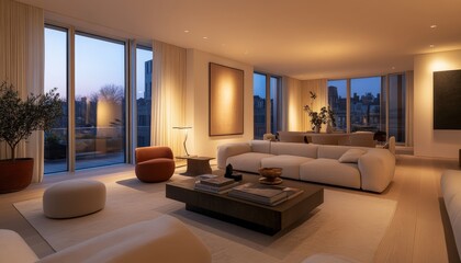 Fototapeta premium Modern Luxury Apartment Evening Interior Design City View