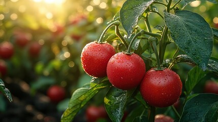 Obraz premium Dew-kissed red peppers ripen on a plant.