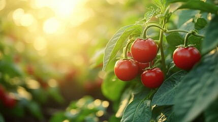 Obraz premium Red peppers ripening on plant, sunlit foliage.