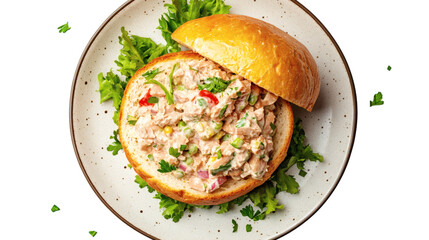 A top view of zinger burger in the plate isolated on white background