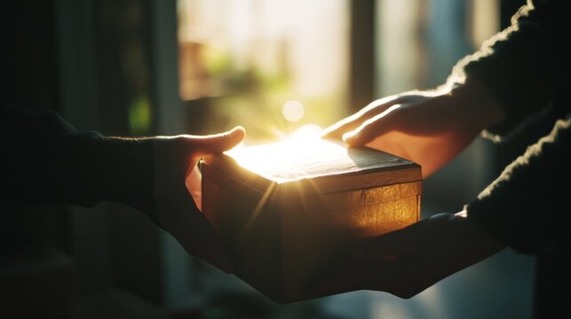 Two hands engage in the solemn exchange of a glowing wooden box, rays of sunlight hinting at a moment steeped in mystery and significance.