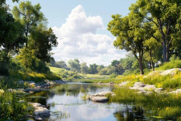 Obraz premium Scenic river illustrating the contrast between polluted and clean water sections in soft sunlight