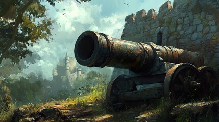 Medieval Cannon at Castle Ruins: A Digital Painting