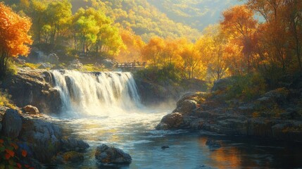 Serene autumn waterfall cascading down rocky terrain amidst vibrant foliage.