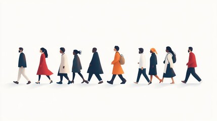 Diverse group of people walking in a row.