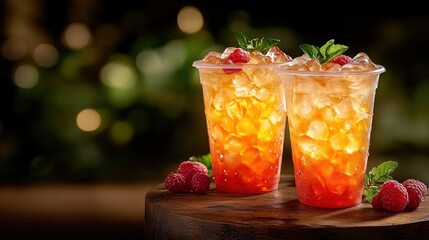 Two iced raspberry teas in plastic cups with mint.