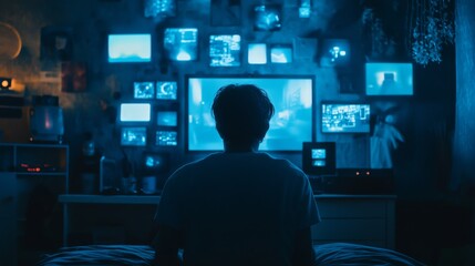 A person watching multiple screens in a dark room, highlighting a captivating, immersive experience or tech obsession.