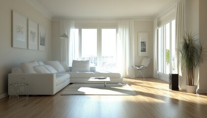 Fototapeta premium Modern White Living Room Interior Design Sunlit Apartment Minimalist Decor