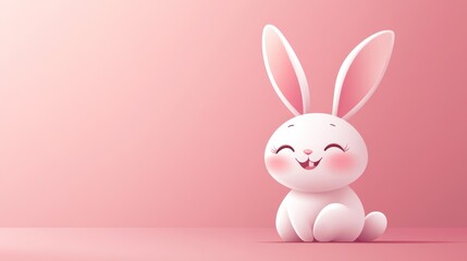 Obraz premium Cute happy bunny sitting on pink background.
