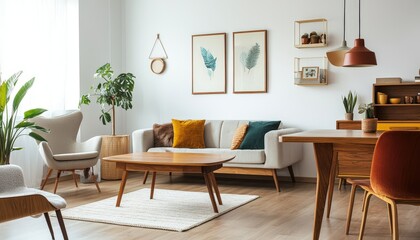 Modern Living Room Interior Design Mid Century Modern Furniture Plants Decor