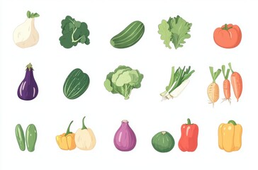 Colorful and Fresh Hand-Drawn Vegetables Including Broccoli, Cucumber, Tomato, Lettuce, Eggplant, and Carrot for Healthy Eating and Culinary Inspirations