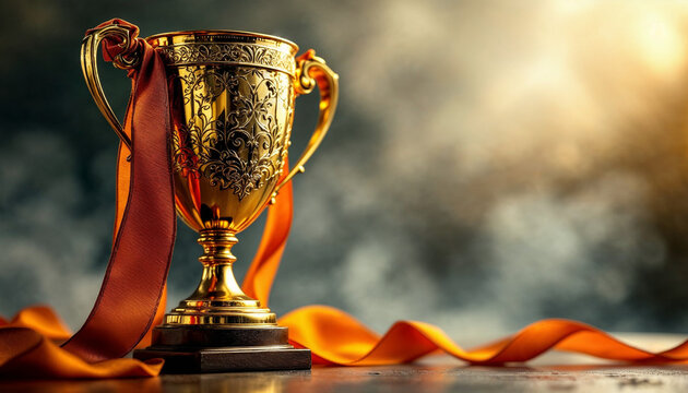 Golden sports trophy with orange ribbon in a dramatic, smoky background.

