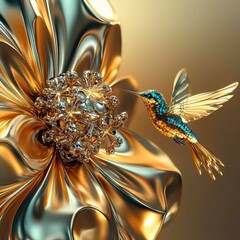 Golden hummingbird feeding from a metallic flower. AI.