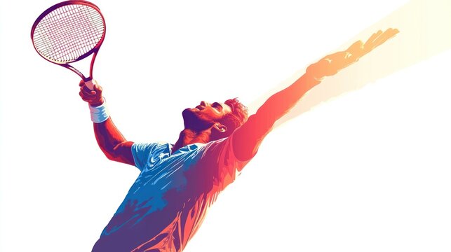 Tennis player serving, dynamic pose, vibrant colors.