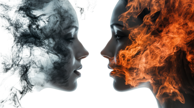 person in flames isolated on white background