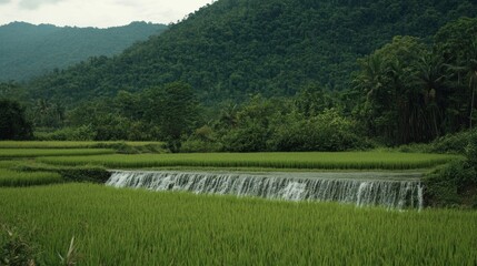 Lush green rice paddy fields with a small waterfall flowing into a tranquil pond, set against a backdrop of verdant mountains under a cloudy sky.