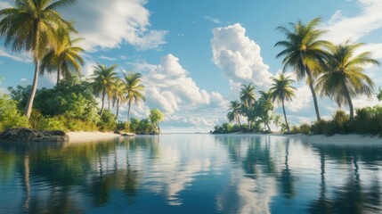 Obraz premium Idyllic tropical beach scene with palm trees, clear water, and blue sky.