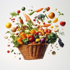 Colorful Array of Fresh Vegetables and Fruits in a Basket with Flying Ingredients in a Bright Studio Background for Healthy Eating and Nutrition Concepts