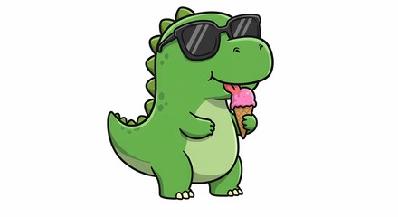Obraz premium Adorable Cartoon Dinosaur Enjoying Ice Cream Cone in Sunglasses