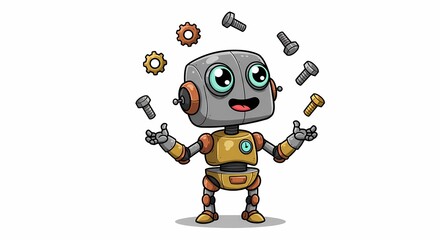 Happy Robot Juggling Bolts Nuts and Gears Cartoon Illustration