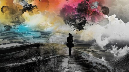 Obraz premium A Woman's Journey: Surreal Landscape of Dreams and Emotions