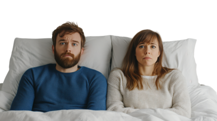 Unhappy couple in bed facing relationship challenges isolated on white background