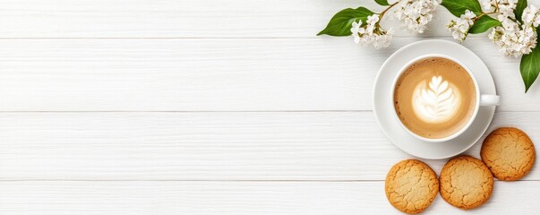 Morning Coffee Break, Latte Art, Cookies, and White Flowers on White Wooden Table