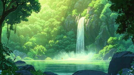 Lush green forest waterfall cascading into serene pool.