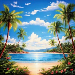 Fototapeta premium the AI Image Generator, Tropical Beach With Palm Trees and Stunning Blue Sky