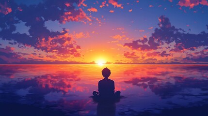 Obraz premium Serene sunset meditation by the ocean.