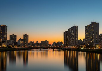 Obraz premium 立ち並ぶタワーマンションの夕暮れ風景・運河・夜景