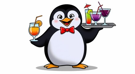 Obraz premium Cheerful Penguin Bartender Serving Colorful Tropical Cocktails on Tray