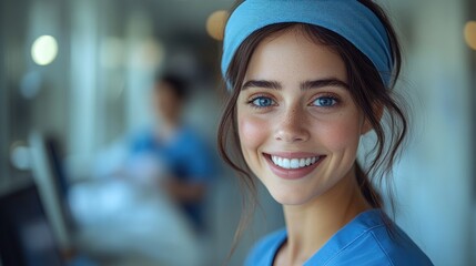 Fototapeta premium Smiling healthcare worker in scrubs, conveying warmth and professionalism.