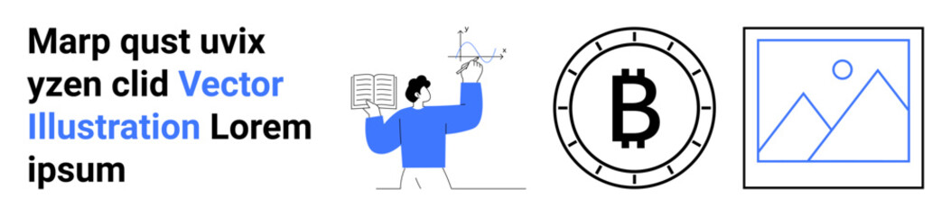 Scientist holding a book and atomic model, Bitcoin symbol in a circle, mountain landscape picture frame, placeholder text. Ideal for science, education, cryptocurrency, finance, technology, nature