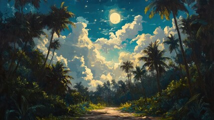 Moonlit tropical path through lush palm trees.