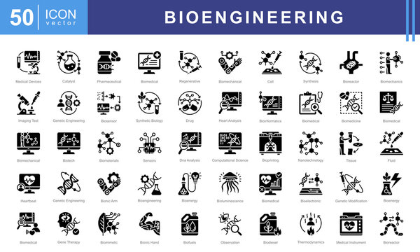 Bioengineering icon set of biomedical, bioluminescence, model, mineral, pharmaceutical, device, mechanical, computing, nanotechnology, data analysis, ethics, processing, imaging, genetic engineering.