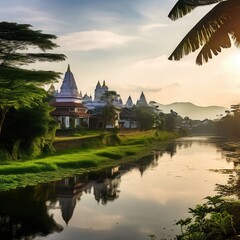 the AI Image Generator, Village Around Traditional Asian Temple at Sunrise