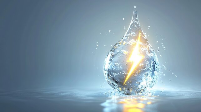 Water droplet with lightning bolt inside, sparkling.