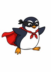 Adorable Superhero Penguin Cartoon Illustration Flying Cape Mask Fun Character Design