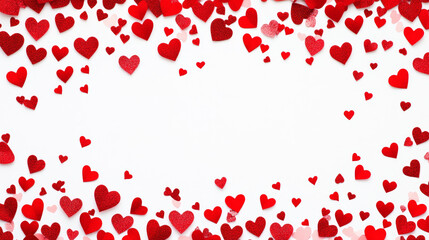 Red hearts on white background create romantic frame Valentine