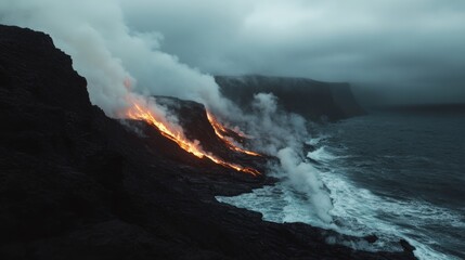 Fiery lava cascades over a rugged cliffside into the roiling ocean, shrouded in thick smoke under a stormy sky, creating a dramatic natural spectacle.
