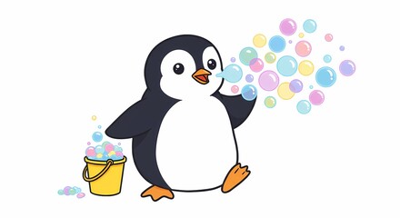 Naklejka premium Adorable Cartoon Penguin Blowing Colorful Bubbles with Bucket