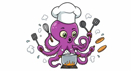 Fototapeta premium Adorable Cartoon Octopus Chef Cooking Pancakes and Soup with Utensils