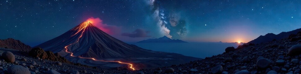 Fototapeta premium El Teide volcano, starry night sky, long exposure, star trails, starry night, landscape photography