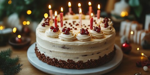 Festive cranberry cake with lit candles.