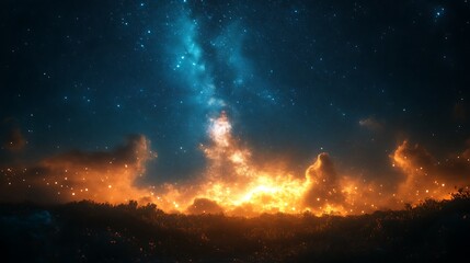Fototapeta premium Night sky, stars, galaxy, clouds, fire, landscape.