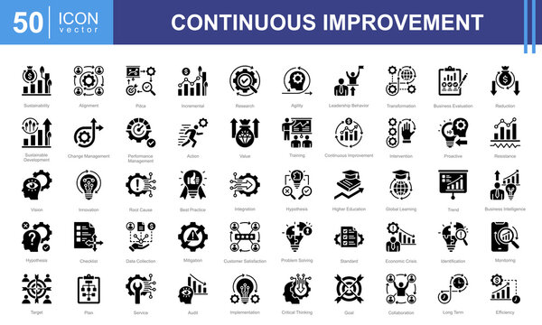 Continuous Improvement icon collection set. Containing business, evaluation, innovation, hypothesis, management, optimization, performance icon. Simple vector illustration.
